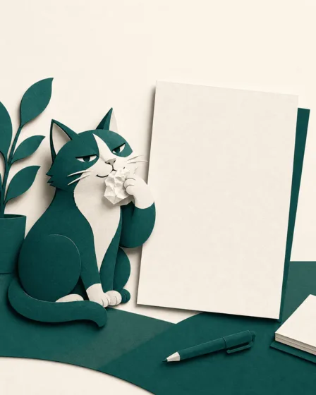D Chatz, die readme-Katze, knabbert an einer Notiz, die niemand aufgeschrieben hat