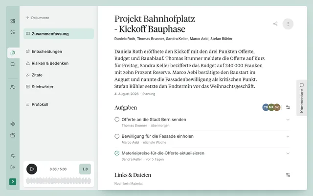 Das fertige Meeting-Dokument: Zusammenfassung, Aufgaben und die Analysen in der Seitennavigation.