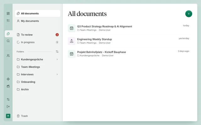 The document list with folders, review queue, and search.