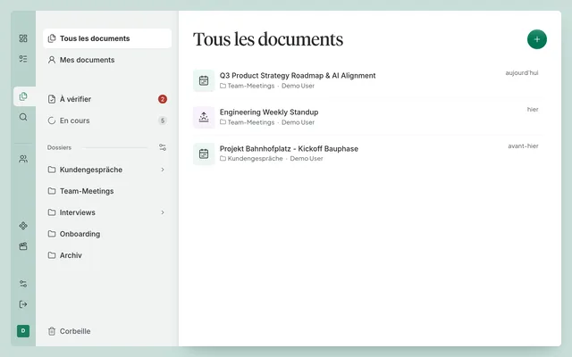 La liste des documents avec dossiers, file de relecture et recherche.