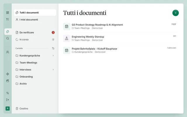 L'elenco dei documenti con cartelle, coda di revisione e ricerca.